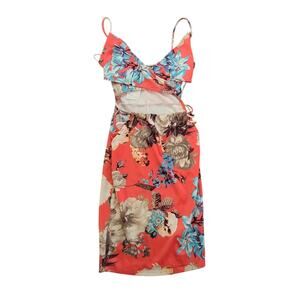 Kimcine orange spaghetti strap floral dress short medium